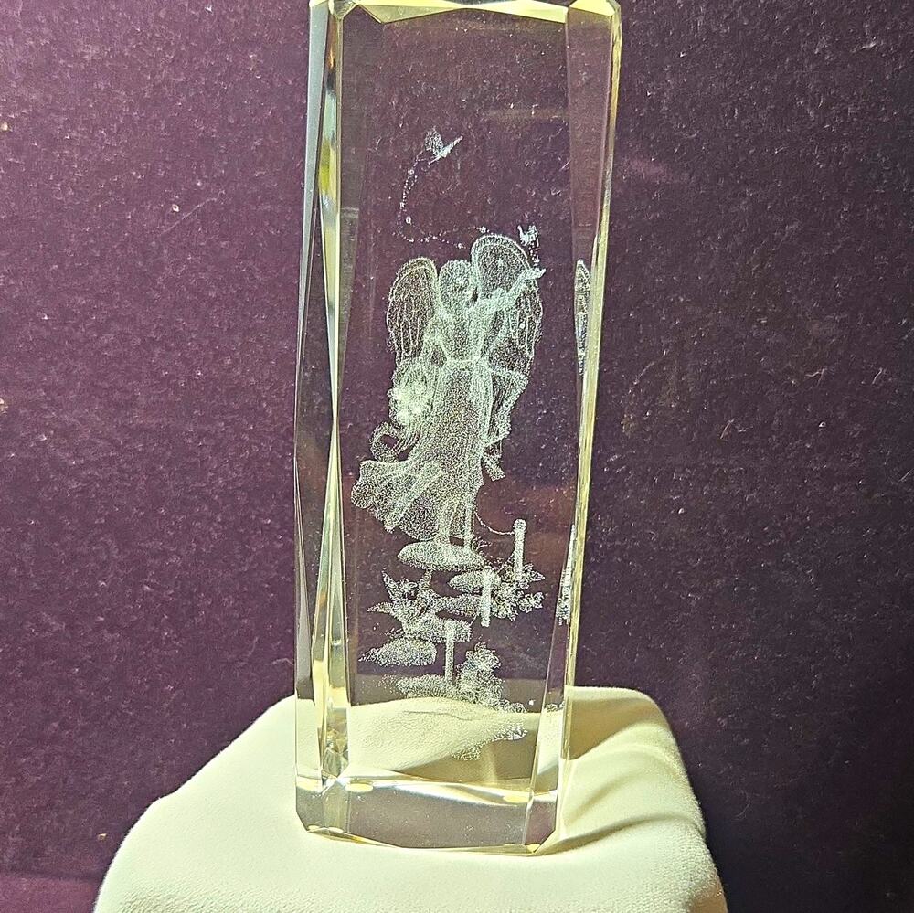 Vintage 3D Laser Etched Crystal Glass Paperweight Guardian Angel 6"